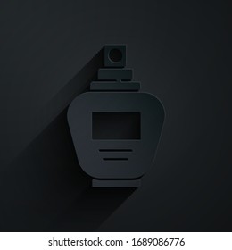 Paper cut Perfume icon isolated on black background. Paper art style. Vector Illustration