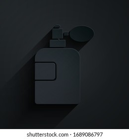 Paper cut Perfume icon isolated on black background. Paper art style. Vector Illustration