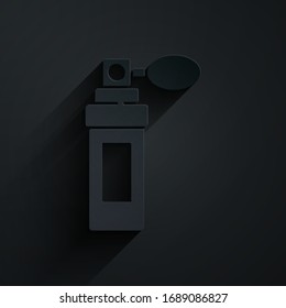 Icono de corte de papel Perfume aislado en fondo negro. Estilo de arte de papel. Ilustración vectorial