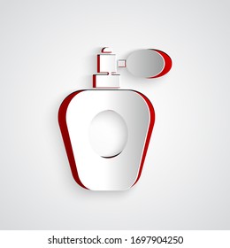 Paper cut Perfume icon isolated on grey background. Paper art style. Vector Illustration
