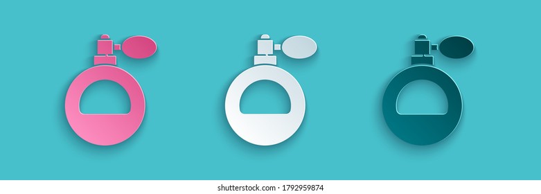 Paper cut Perfume icon isolated on blue background. Paper art style. Vector Illustration