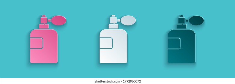 Paper cut Perfume icon isolated on blue background. Paper art style. Vector Illustration