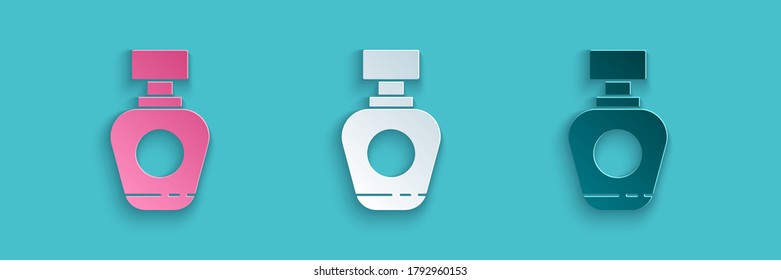Icono de recorte de papel Perfume aislado en fondo azul. Estilo de arte de papel. Ilustración vectorial
