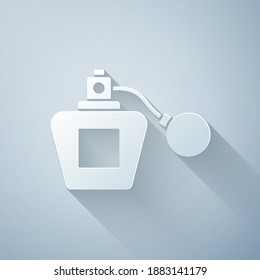Paper cut Perfume icon isolated on grey background. Paper art style. Vector