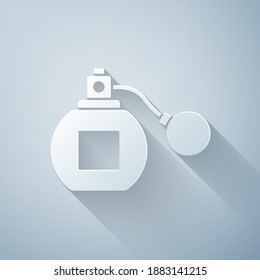 Paper cut Perfume icon isolated on grey background. Paper art style. Vector