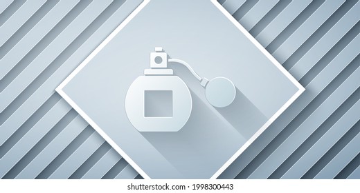 Paper cut Perfume icon isolated on grey background. Paper art style. Vector