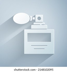 Paper cut Perfume icon isolated on grey background. 8 March. International Happy Women Day. Paper art style. Vector Illustration
