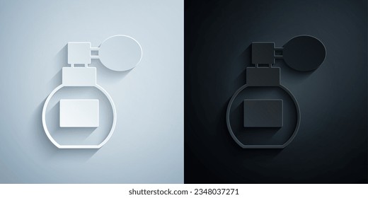 Paper cut Perfume icon isolated on grey and black background. Paper art style. Vector