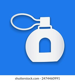 Paper cut Perfume icon isolated on blue background. Paper art style. Vector