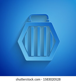 Paper cut Pet carry case icon isolated on blue background. Carrier for animals, dog and cat. Container for animals. Animal transport box. Paper art style. Vector Illustration