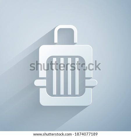 Paper cut Pet carry case icon isolated on grey background. Carrier for animals, dog and cat. Container for animals. Animal transport box. Paper art style. Vector