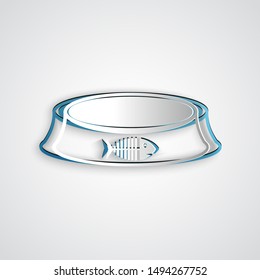 Paper cut Pet food bowl for cat or dog icon isolated on grey background. Fish skeleton sign. Paper art style. Vector Illustration