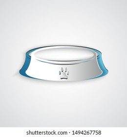 Paper cut Pet food bowl for cat or dog icon isolated on grey background. Dog or cat paw print. Paper art style. Vector Illustration