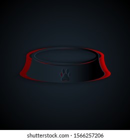 Paper cut Pet food bowl for cat or dog icon isolated on black background. Dog or cat paw print. Paper art style. Vector Illustration