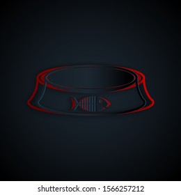 Paper cut Pet food bowl for cat or dog icon isolated on black background. Fish skeleton sign. Paper art style. Vector Illustration