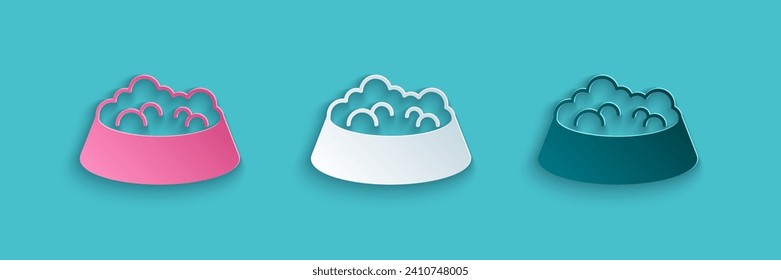 Paper cut Pet food bowl for cat or dog icon isolated on blue background. Dog or cat paw print. Paper art style. Vector