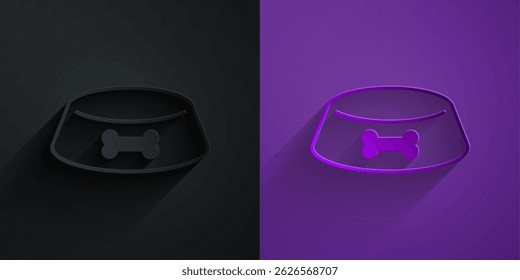 Paper cut Pet food bowl for cat or dog icon isolated on black on purple background. Dog or cat paw print. Paper art style. Vector