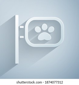 Paper cut Pet grooming icon isolated on grey background. Pet hair salon. Barber shop for dogs and cats. Paper art style. Vector