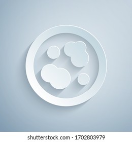 Paper cut Petri dish with bacteria icon isolated on grey background. Paper art style. Vector Illustration