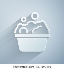 Paper cut Pets bath icon isolated on grey background. Paper art style. Vector