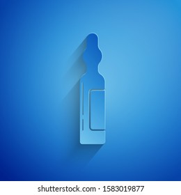 Paper cut Pets vial medical icon isolated on blue background. Prescription medicine for animal. Paper art style. Vector Illustration