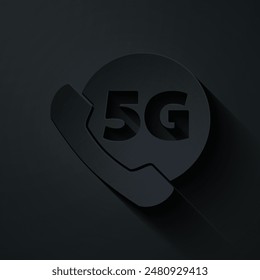 Paper cut Phone with 5G new wireless internet wifi icon isolated on black background. Global network high speed connection data rate technology. Paper art style. Vector