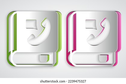 Paper cut Phone book icon isolated on grey background. Address book. Telephone directory. Paper art style. Vector