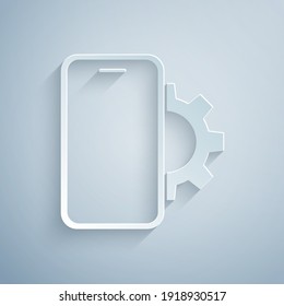 Paper cut Phone repair service icon isolated on grey background. Adjusting, service, setting, maintenance, repair, fixing. Paper art style. Vector.