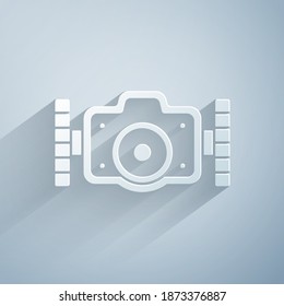 Paper cut Photo camera for diver icon isolated on grey background. Foto camera icon. Diving underwater equipment. Paper art style. Vector