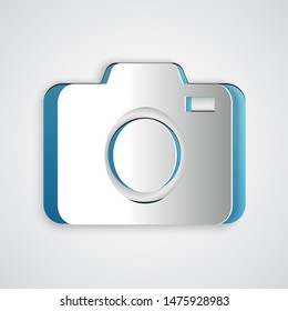 Paper cut Photo camera icon isolated on grey background. Foto camera icon. Paper art style. Vector Illustration