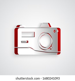 Paper cut Photo camera icon isolated on grey background. Foto camera icon. Paper art style. Vector Illustration