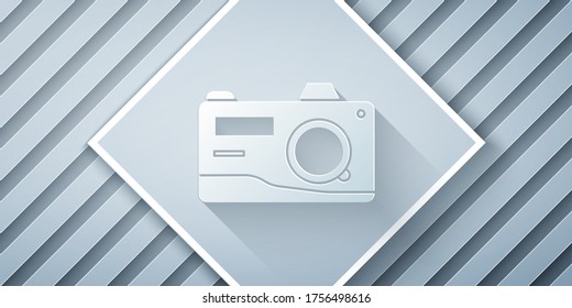Paper cut Photo camera icon isolated on grey background. Foto camera icon. Paper art style. Vector Illustration
