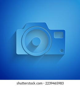 Paper cut Photo camera icon isolated on blue background. Foto camera icon. Paper art style. Vector