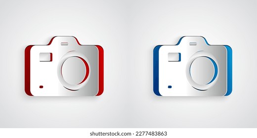 Paper cut Photo camera icon isolated on grey background. Foto camera. Digital photography. Paper art style. Vector