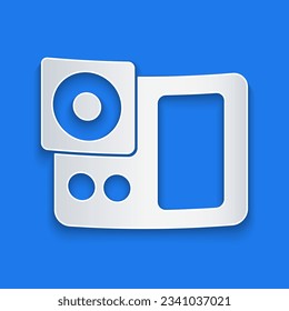 Paper cut Photo camera icon isolated on blue background. Foto camera icon. Paper art style. Vector Illustration
