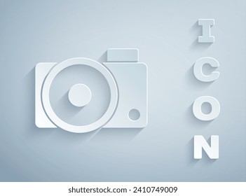 Paper cut Photo camera icon isolated on grey background. Foto camera icon. Paper art style. Vector Illustration