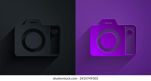 Paper cut Photo camera icon isolated on black on purple background. Foto camera. Digital photography. Paper art style. Vector