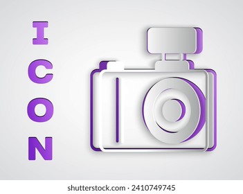 Paper cut Photo camera icon isolated on grey background. Foto camera. Digital photography. Paper art style. Vector