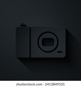 Paper cut Photo camera icon isolated on black background. Foto camera icon. Paper art style. Vector