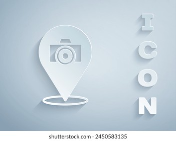 Paper cut Photo camera icon isolated on grey background. Foto camera. Digital photography. Paper art style. Vector