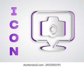 Paper cut Photo camera icon isolated on grey background. Foto camera. Digital photography. Paper art style. Vector