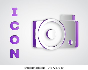 Paper cut Photo camera icon isolated on grey background. Foto camera icon. Paper art style. Vector Illustration