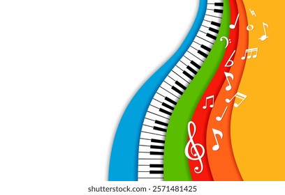 Paper cut piano music background for concert invitation or classic musical festival performance promo, featuring vibrant 3d vector papercut layered waves, musical notes, treble clef and piano keys