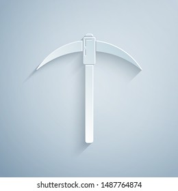 Paper cut Pickaxe icon isolated on grey background. Blockchain technology, cryptocurrency mining, bitcoin, digital money market, cryptocoin wallet. Paper art style. Vector Illustration