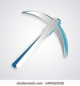 Paper cut Pickaxe icon isolated on grey background. Blockchain technology, cryptocurrency mining, bitcoin, digital money market, cryptocoin wallet. Paper art style. Vector Illustration