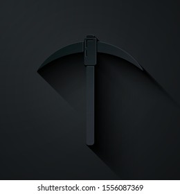 Paper cut Pickaxe icon isolated on black background. Blockchain technology, cryptocurrency mining, bitcoin, digital money market, cryptocoin wallet. Paper art style. Vector Illustration