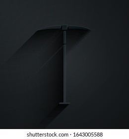 Paper cut Pickaxe icon isolated on black background. Paper art style. Vector Illustration