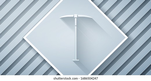 Paper cut Pickaxe icon isolated on grey background. Paper art style. Vector Illustration