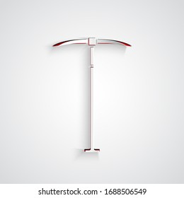 Paper cut Pickaxe icon isolated on grey background. Paper art style. Vector Illustration