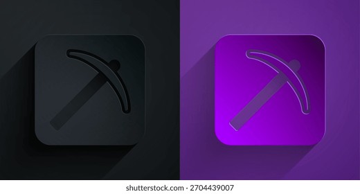 Icono de Pickaxe cortado en papel aislado en negro sobre fondo púrpura. Estilo de arte de papel. Vector
